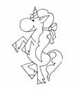Coloring book for kids - dancing unicorn with a bow. Black and white cute cartoon unicorns. Vector illustration.